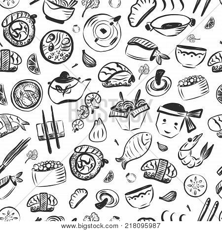 Doodle asian food seamless pattern. Japanese reastaurant cafe identity. Vector illustration.