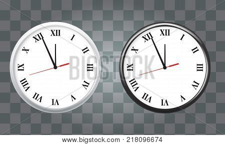 White and black wall office clock icon set. showing five minutes to twelve. For new year concept. Illustrated vector.