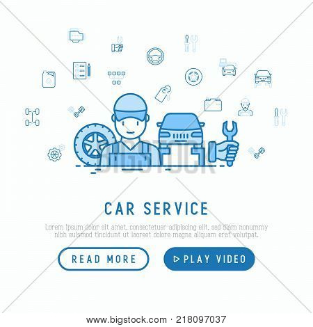 Car service concept with thin line icons of mechanic, computer diagnostics, tools, wheel, battery, transmission, jack. Modern vector illustration, template for web page.