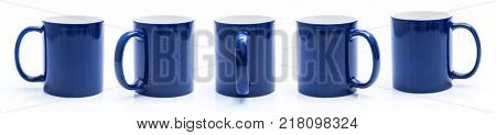 Set of different views of blue cup isiolated on a white background