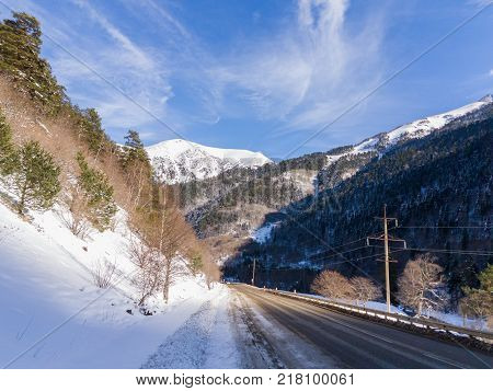 Winter mountain landscape with rocks and snow in Russia