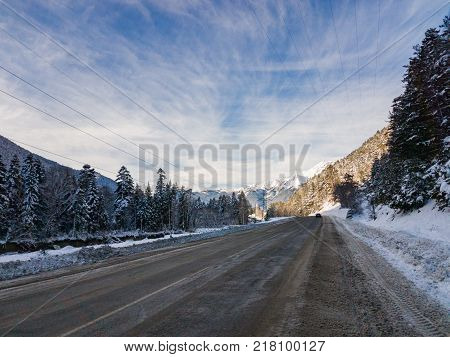 Winter mountain landscape with rocks and snow in Russia