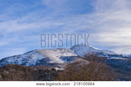 Winter mountain landscape with rocks and snow in Russia