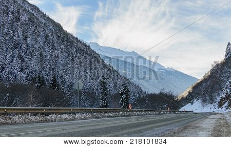 Winter mountain landscape with rocks and snow in Russia
