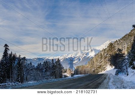Winter mountain landscape with rocks and snow in Russia
