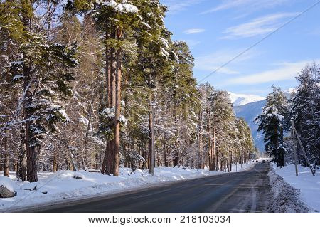 Winter mountain landscape with rocks and snow in Russia