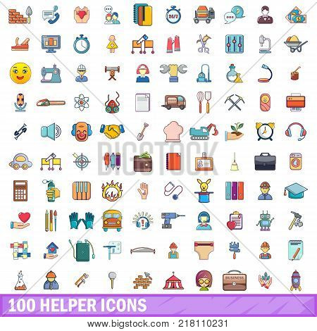 100 helper icons set. Cartoon illustration of 100 helper vector icons isolated on white background