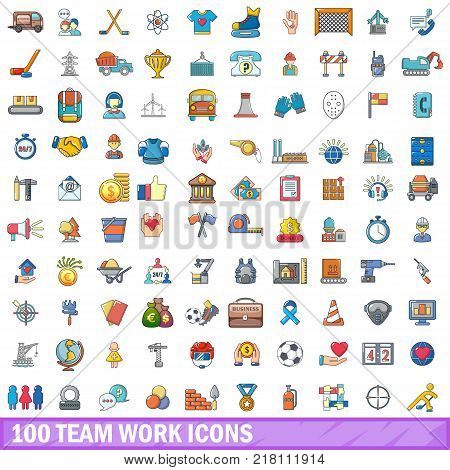 100 team work icons set. Cartoon illustration of 100 team work vector icons isolated on white background