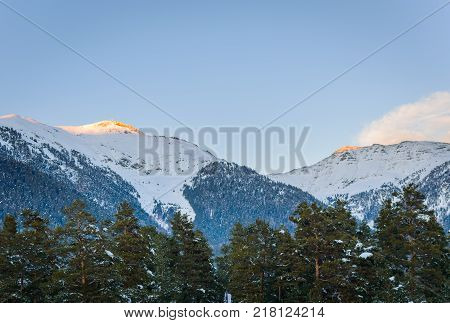 Winter mountain landscape with rocks and snow in Russia