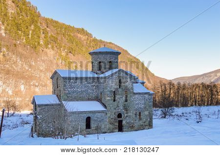North Caucasus. Lower-Arkhyz settlement. Abandoned orthodox temple. Winter landscape