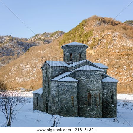 North Caucasus. Lower-Arkhyz settlement. Abandoned orthodox temple. Winter landscape