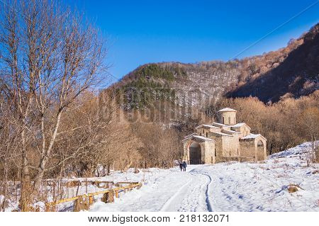 North Caucasus. Lower-Arkhyz settlement. Abandoned orthodox temple. Winter landscape