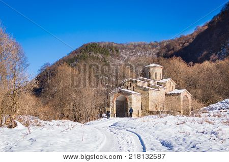 North Caucasus. Lower-Arkhyz settlement. Abandoned orthodox temple. Winter landscape