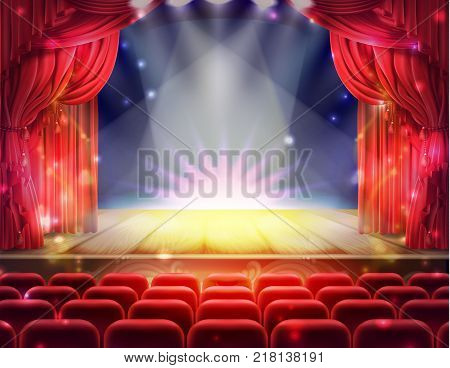 Open red curtain and empty illuminated theatrical stage with falling sparks, confetti realistic vector. Grand opening concept, performance or event premiere poster, announcement banner template