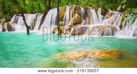 Tat Sae Waterfalls. Beautiful landscape. Luang Prabang. Laos. Panorama