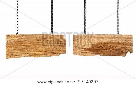Wooden sign hanging on a chain isolated on white