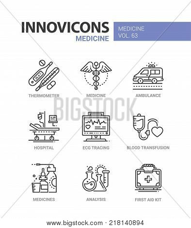 Medicine - line design icons set with description. Thermometer, ambulance, hospital, ecg tracing, blood transfusion, analysis, first aid kit. Healthcare, modern clinic concept