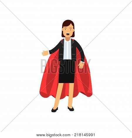 Full body portrait of business woman with red superhero cape. Successful lady in classic skirt suit. Cartoon female character. Occupation or career concept. Flat vector illustration isolated on white.