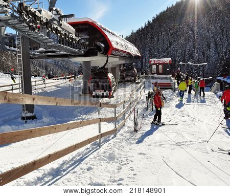 Jasna Slovakia - December 1 2017: View of the cable car station on the south side of Mount Chopok on a sunny day in the ski resort Jasna Low Tatras Slovakia.