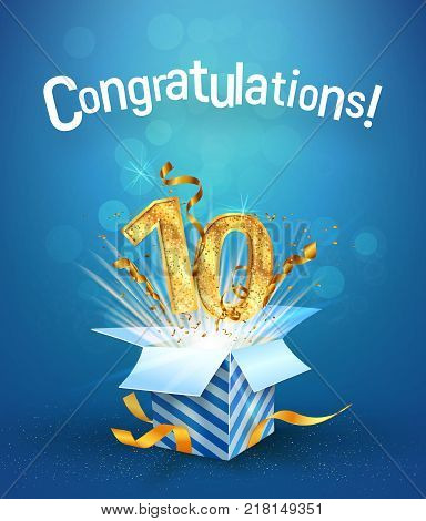 Explosion in the gift box flies the golden numbers. Ten years anniversary on blue background. Template tenth birthday celebration vector Illustration