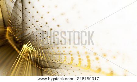 Abstract yellow gold and white background. Fractal graphics series. Dynamic composition of dots, traces and beams.