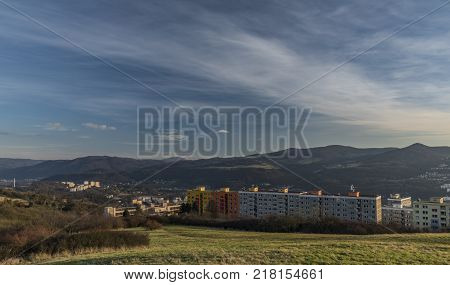 View For Dobetice Village And Part Of Town Usti Nad Labem In Winter Sunny Day