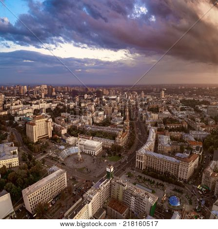 Aerial view of the central street of Kiev - Khreshchatyk, the European Square, Independence Square, Stalin and modern architecture. Ukraine