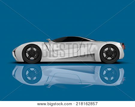 White racing concept car. Image of a car on a blue glossy background. 3d rendering