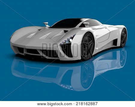 White racing concept car. Image of a car on a blue glossy background. 3d rendering
