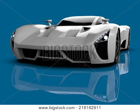 White racing concept car. Image of a car on a blue glossy background. 3d rendering