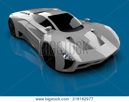 White racing concept car. Image of a car on a blue glossy background. 3d rendering
