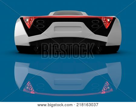White racing concept car. Image of a car on a blue glossy background. 3d rendering