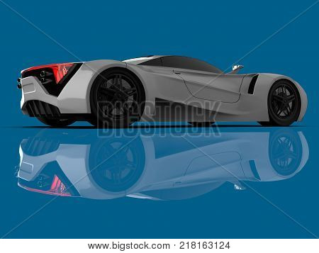 White racing concept car. Image of a car on a blue glossy background. 3d rendering