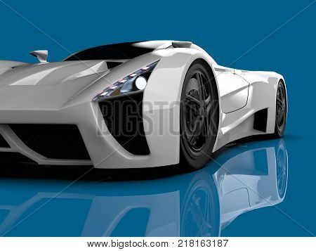 White racing concept car. Image of a car on a blue glossy background. 3d rendering