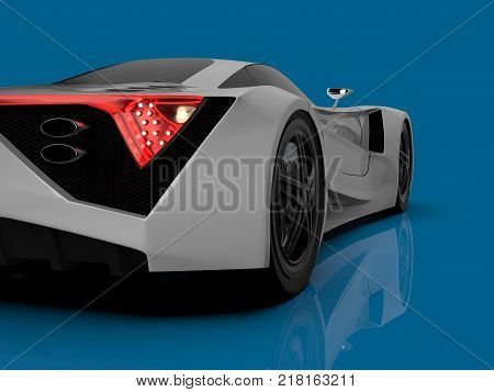 White racing concept car. Image of a car on a blue glossy background. 3d rendering