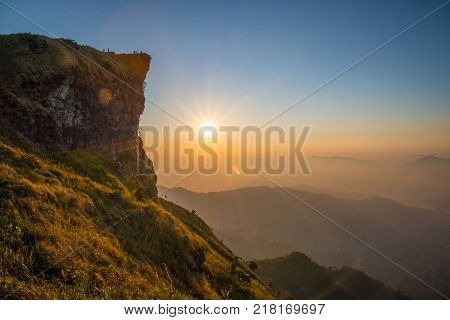 Phu Chi Fa forest park an iconic natural landscape in Chiang Rai the northernmost province of Thailand at sunrise.
