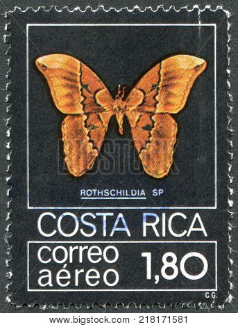COSTA RICA-CIRCA 1979: A stamp printed in the Costa Rica shows a butterfly Rothschildia jacobaeae circa 1979