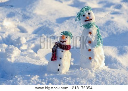 Little small Snowman in snow with copy space