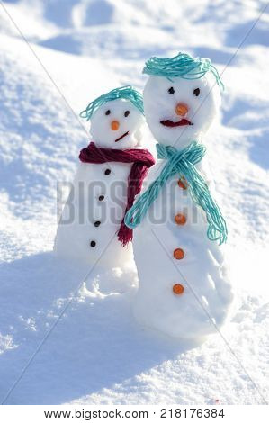 Little small Snowman in snow with copy space