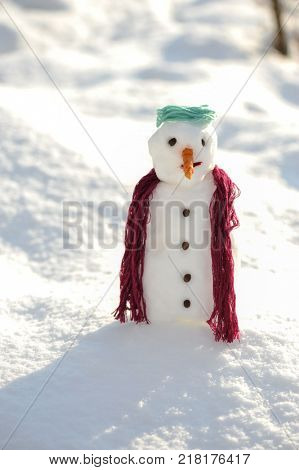 Little small Snowman in snow with copy space
