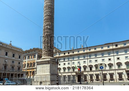 ROME, ITALY - JUNE 23, 2017: Amazing view of Marcus Aurelius Column in front of Palazzo Chigi in city of Rome, Italy