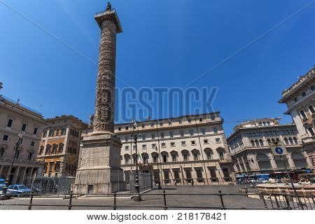 ROME, ITALY - JUNE 23, 2017: Amazing view of Marcus Aurelius Column in front of Palazzo Chigi in city of Rome, Italy