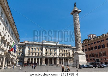 ROME, ITALY - JUNE 23, 2017: Amazing view of Marcus Aurelius Column in front of Palazzo Chigi in city of Rome, Italy