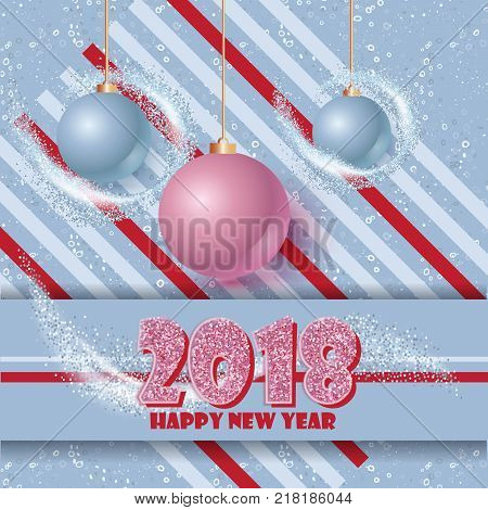 Happy new year banner with clossy balls and sparkle stardust. Magic decor for your selebration. Text 2018.