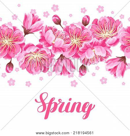 Seamless pattern with sakura or cherry blossom. Floral japanese ornament of blooming flowers.