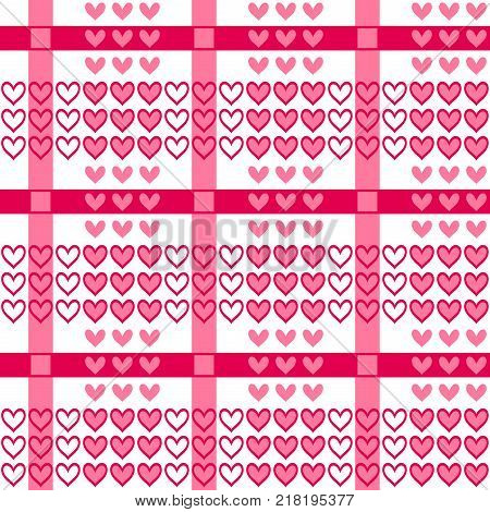 Vector seamless pattern with red hearts in tartan style. Valentines day romantic background