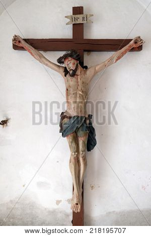 BELEC, CROATIA - JULY 09: Crucifixion in the Baroque Church of Our Lady of the Snow in Belec, Croatia on July 09, 2016.