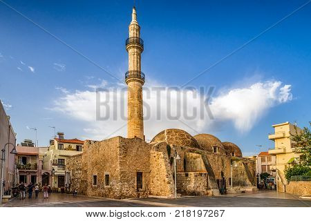 RETHYMNO CRETE - SEPTEMBER 20: Tower of Neratze Mosque on September 20 2016 in Rethymno