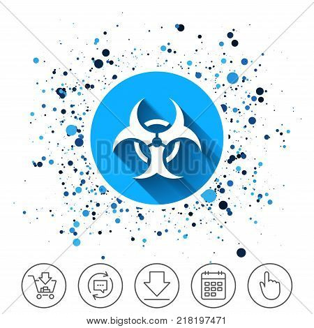 Button on circles background. Biohazard sign icon. Danger symbol. Calendar line icon. And more line signs. Random circles. Editable stroke. Vector