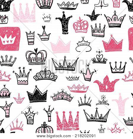 Hand drawn Various crowns set, vector illustration doodle cute style.